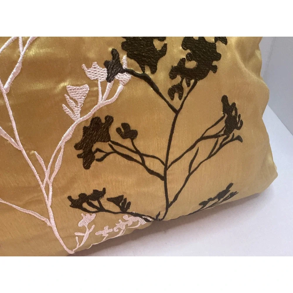 Gold Faux Silk Embroidered Floral Branch Throw Pillow 16x16 Modern